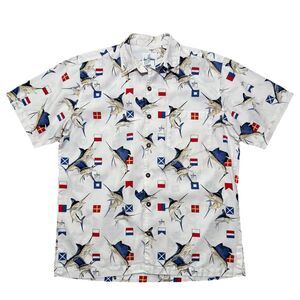 Guy Harvey AFTCO Bluewater Marlin Flags AOP Shirt USA Cotton M Button Fishing